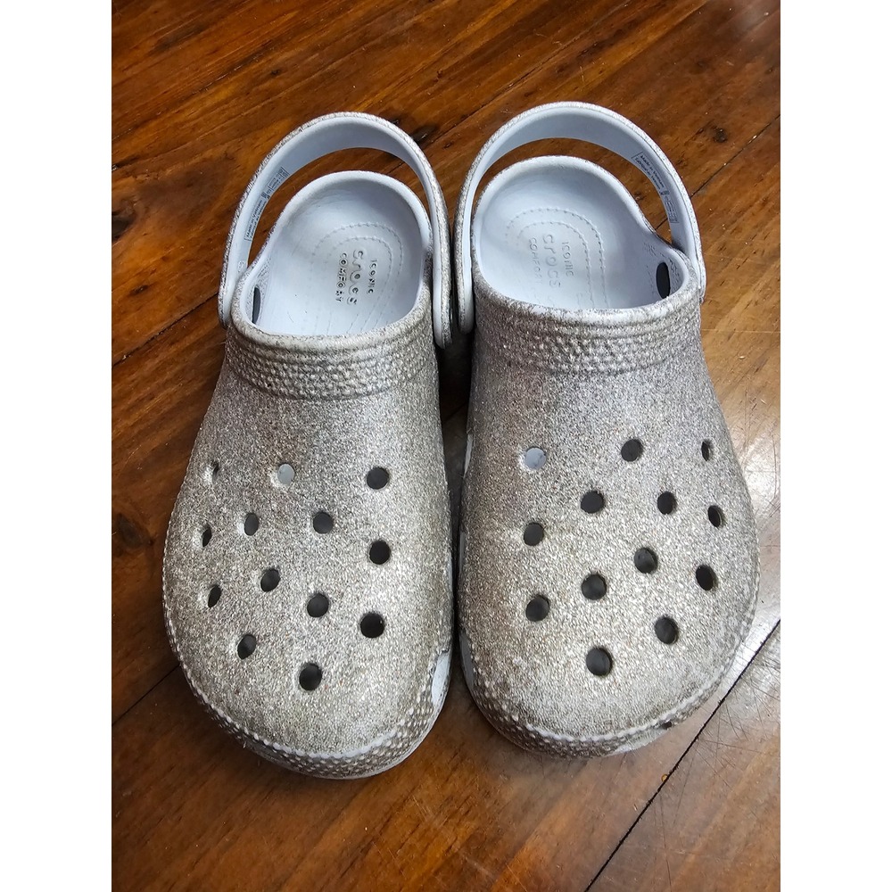 Crocs Kids Classic Clog Silver Glitter Sparkle Shoes Size C13 206993-099